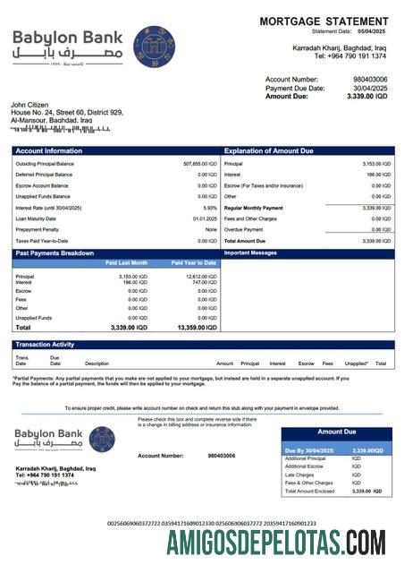 para download Modelo Word e PDF de extrato de hipoteca do Banco da Babilônia do Iraque